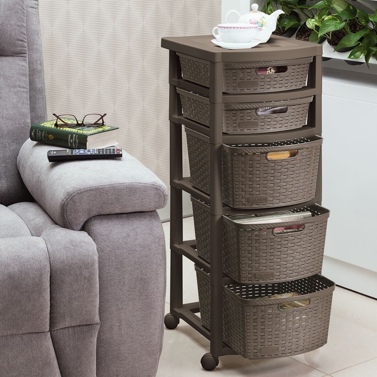 Cajonera Organizador Rimax Símil Rattan con 5 Cajones Mocca — HTS