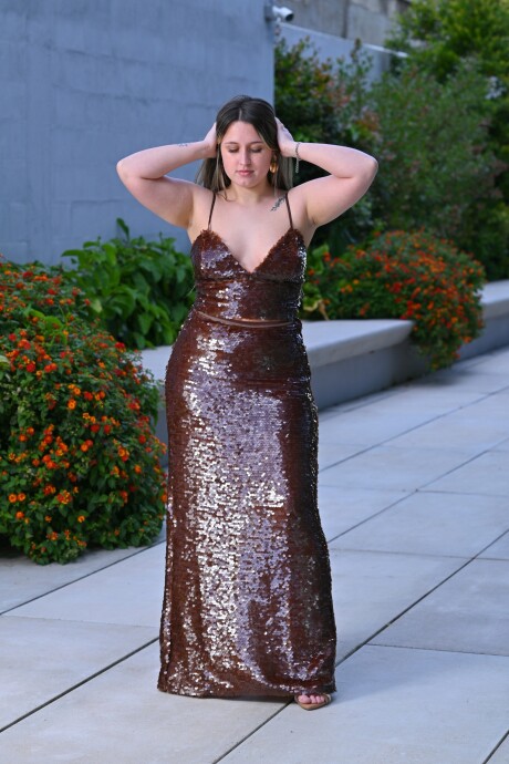 Conjunto de top y falda con lentejuelas Jayla Marrón