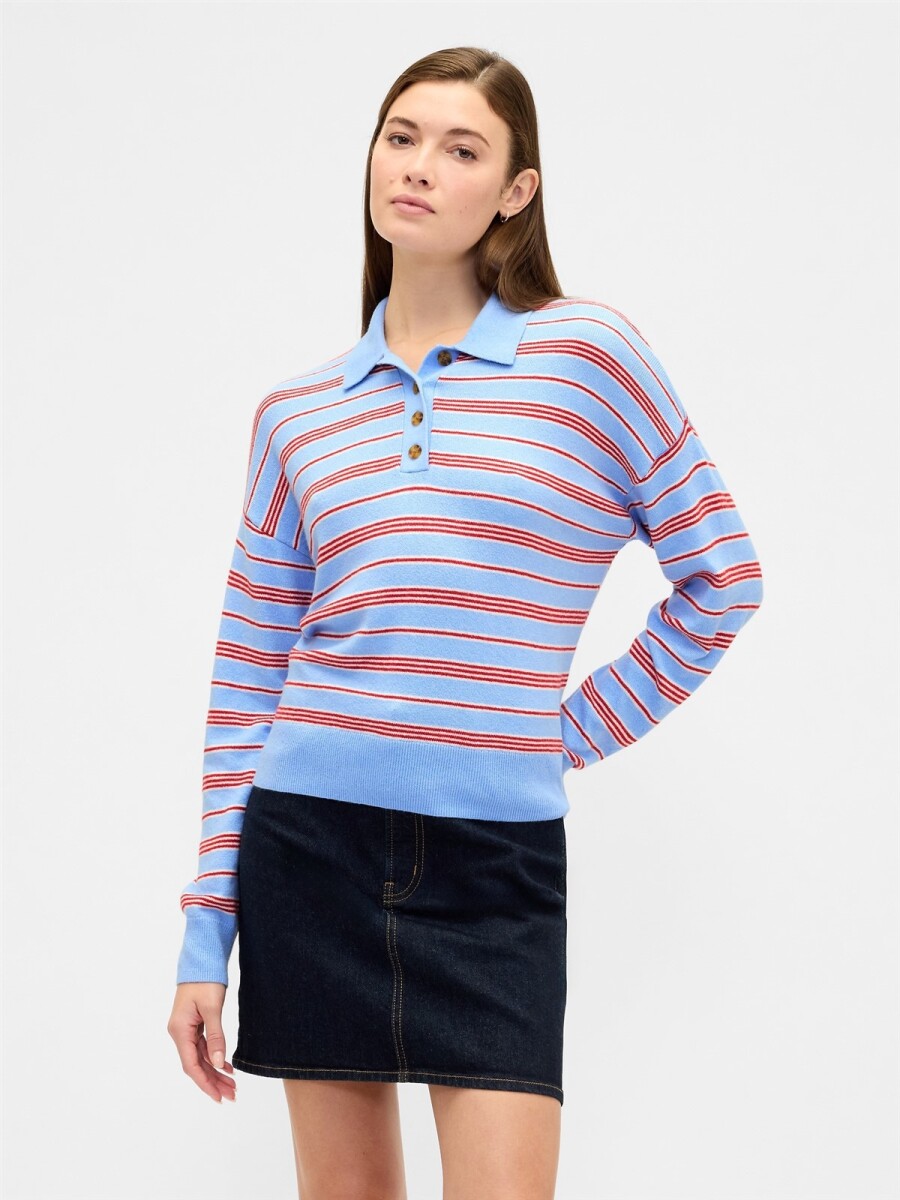 Buzo Cashsoft Tipo Polo Mujer - Blue Red Stripe 