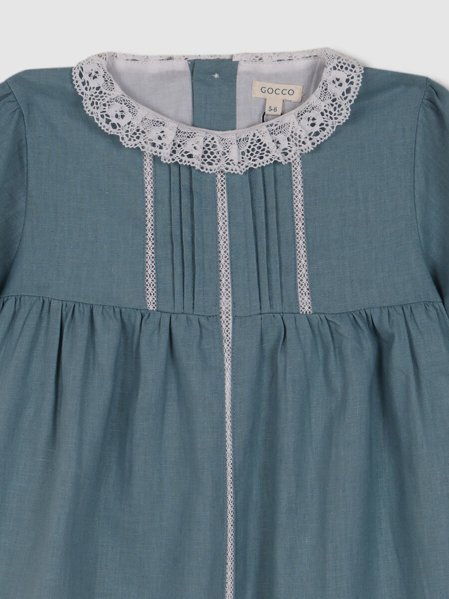 Vestidode Lino Con Tiras Bordadas Verde