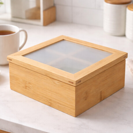 Caja de té de bambú 4 compartimentos - 16x16x9cm Sc