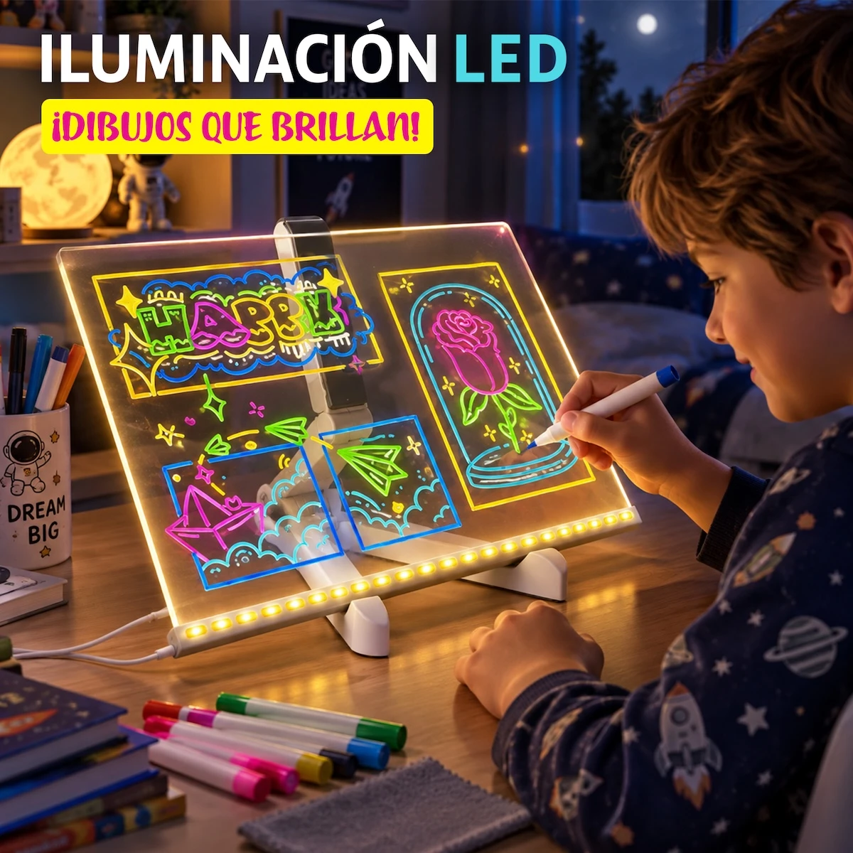 Un chico dibujando de noche sobre la pizarra encendida