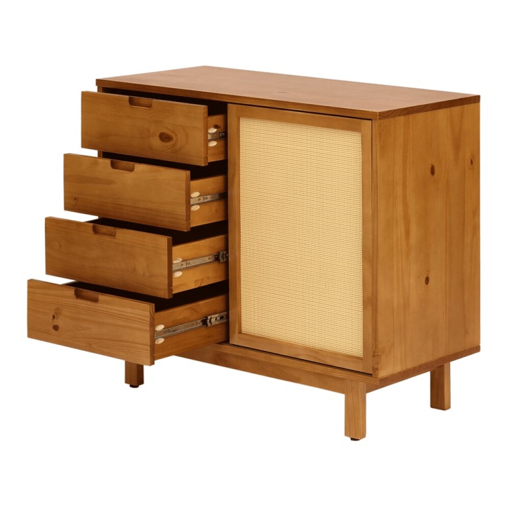 CÓMODA DE MADERA 4 CAJONES CON PUERTA CORREDIZA DE RATÁN CÓMODA DE MADERA 4 CAJONES CON PUERTA CORREDIZA DE RATÁN