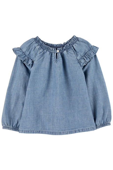 Blusa de chambray, manga larga, con volados. Talles 12-24M Sin color