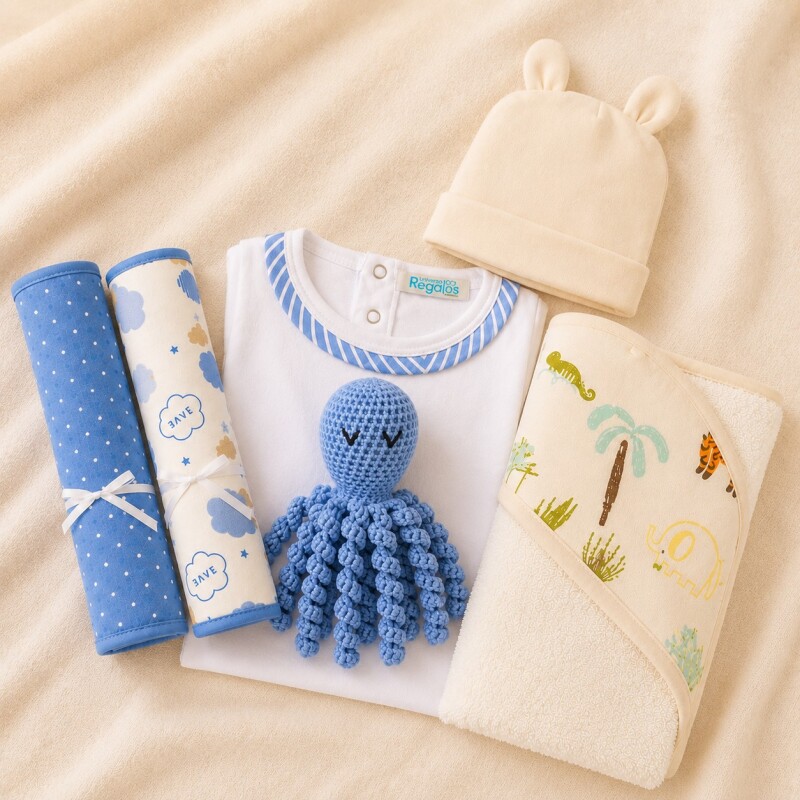 Ajuar Nacimiento Pulpo Crochet Personalizado – Celeste Ajuar Nacimiento Pulpo Crochet Personalizado – Celeste