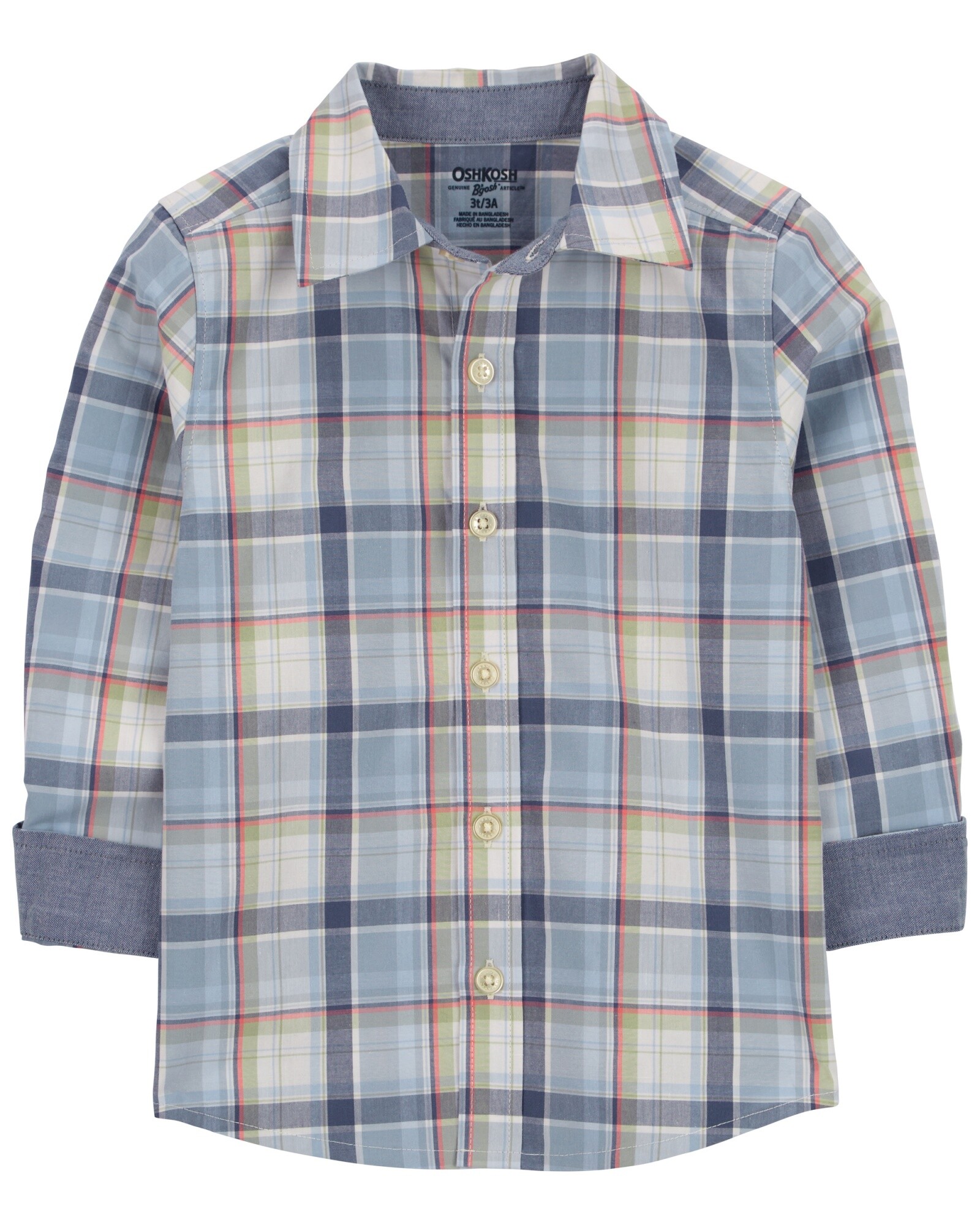 Camisa de algodón, manga larga, diseño a cuadros. Talles 2-5T Sin color