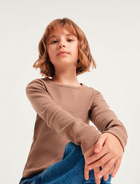 BLUSA MANGA LARGA INFANTIL CON BORDADO MARRÓN