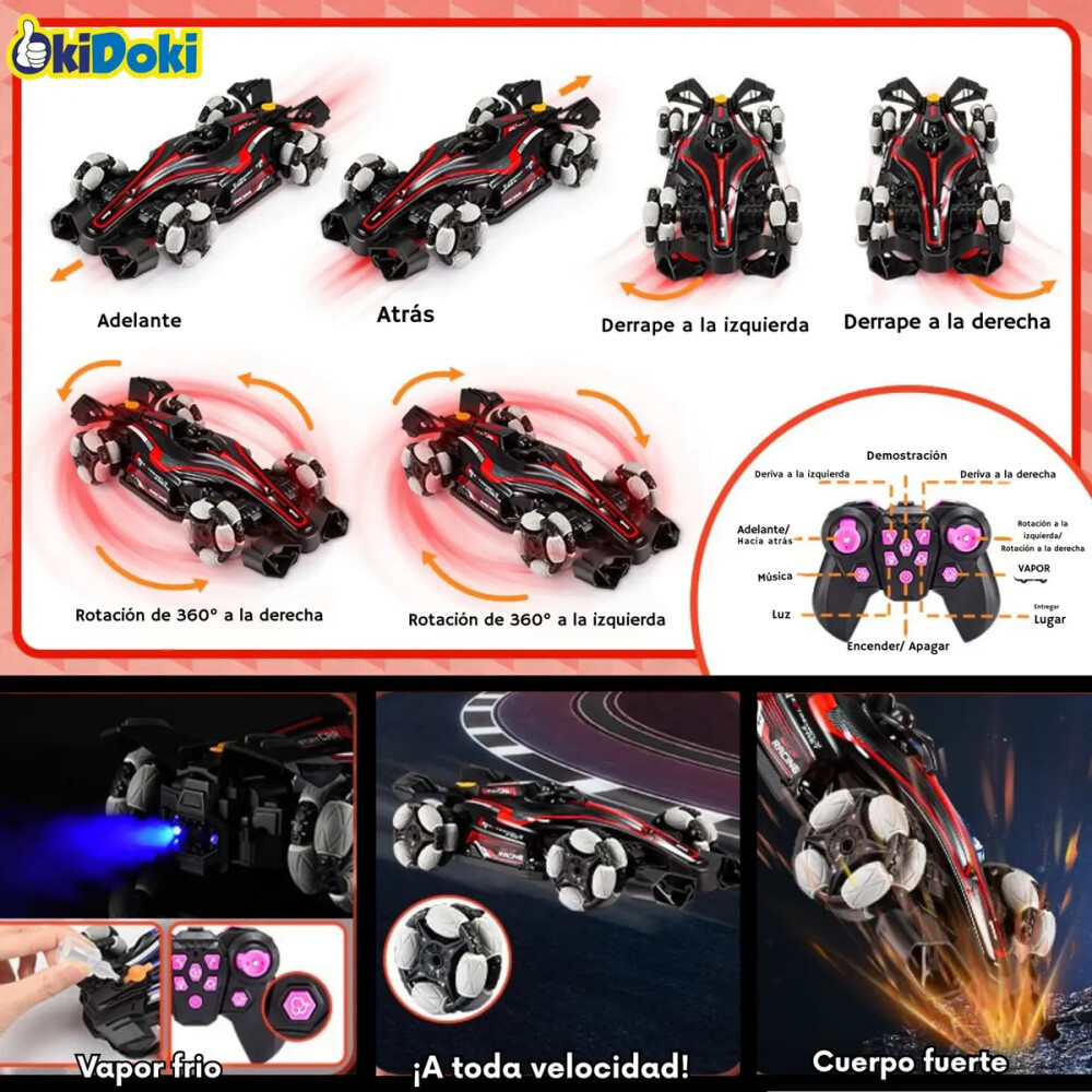 Auto de carreras a control remoto, doble control, efecto humo y luces LED Azul