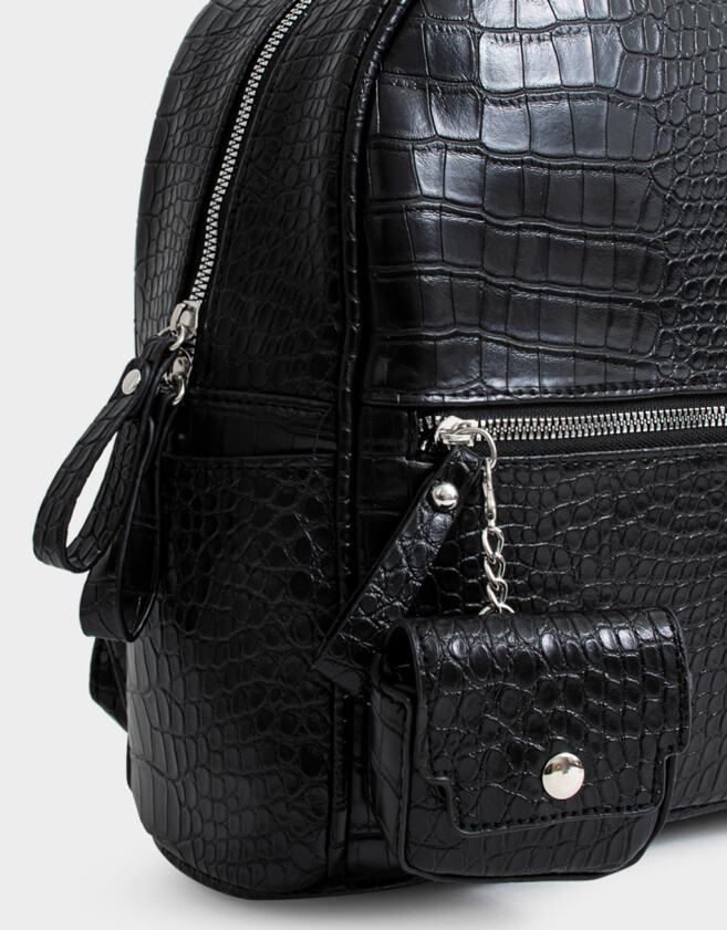 Mochilas Urbanas Mochila Efecto Croco Con Charm - Negro
