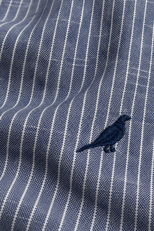 Camisa Lino Short Collar Rayas Azul Noche