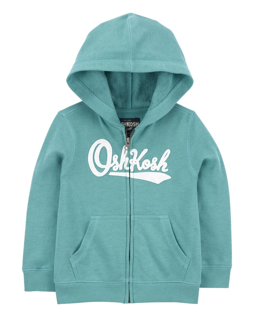 Campera de algodón, con capucha y logo, verde. Talles 2-5T 