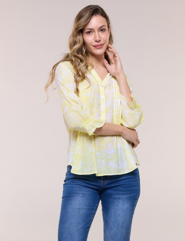 Blusa Estampada Pincelada Con Alforzas AMARILLO