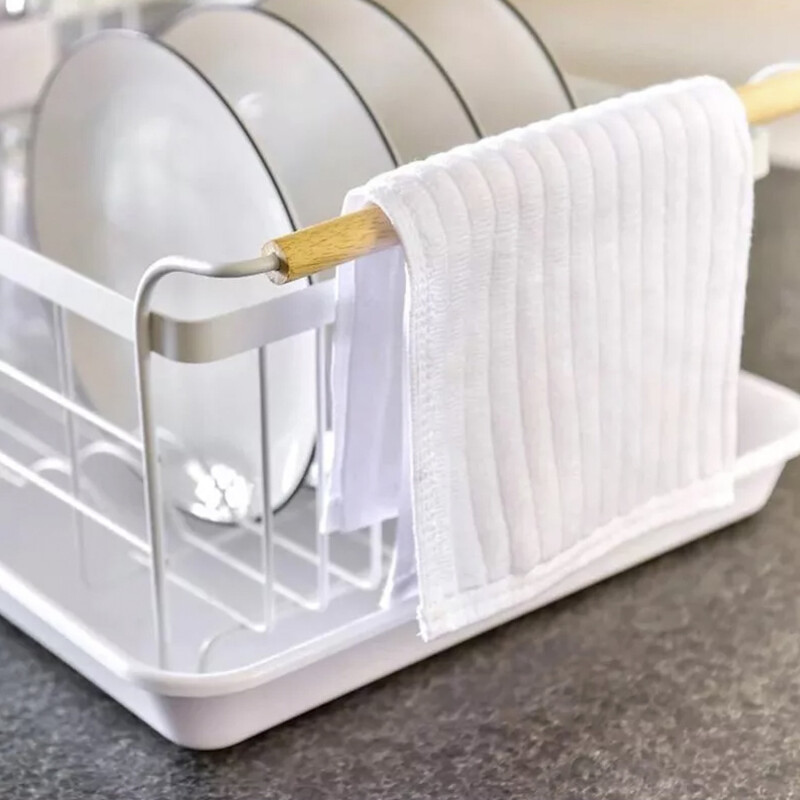 Escurridor de Platos en Metal con Asas de Madera Blanco