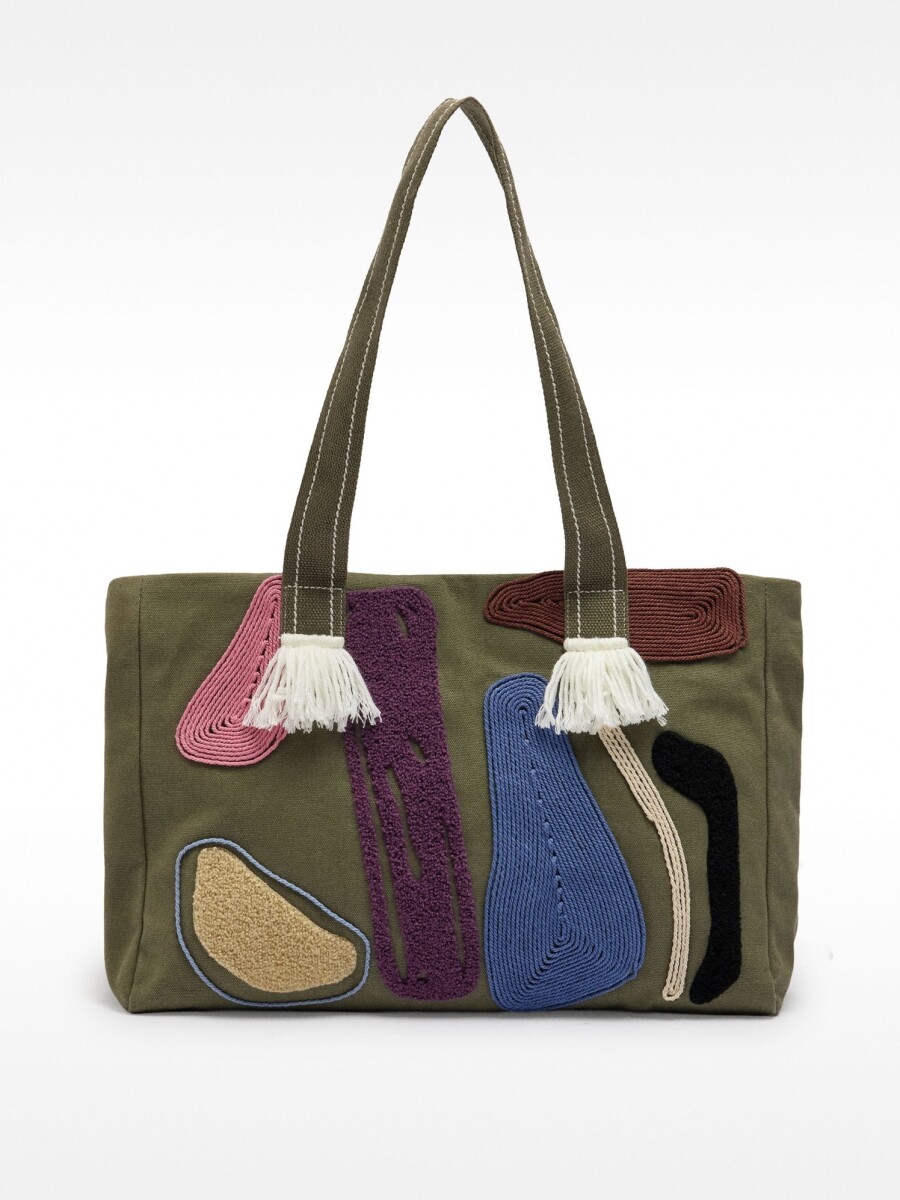 Bolso Shopper De Tejido Aplicaciones Multicolor caqui