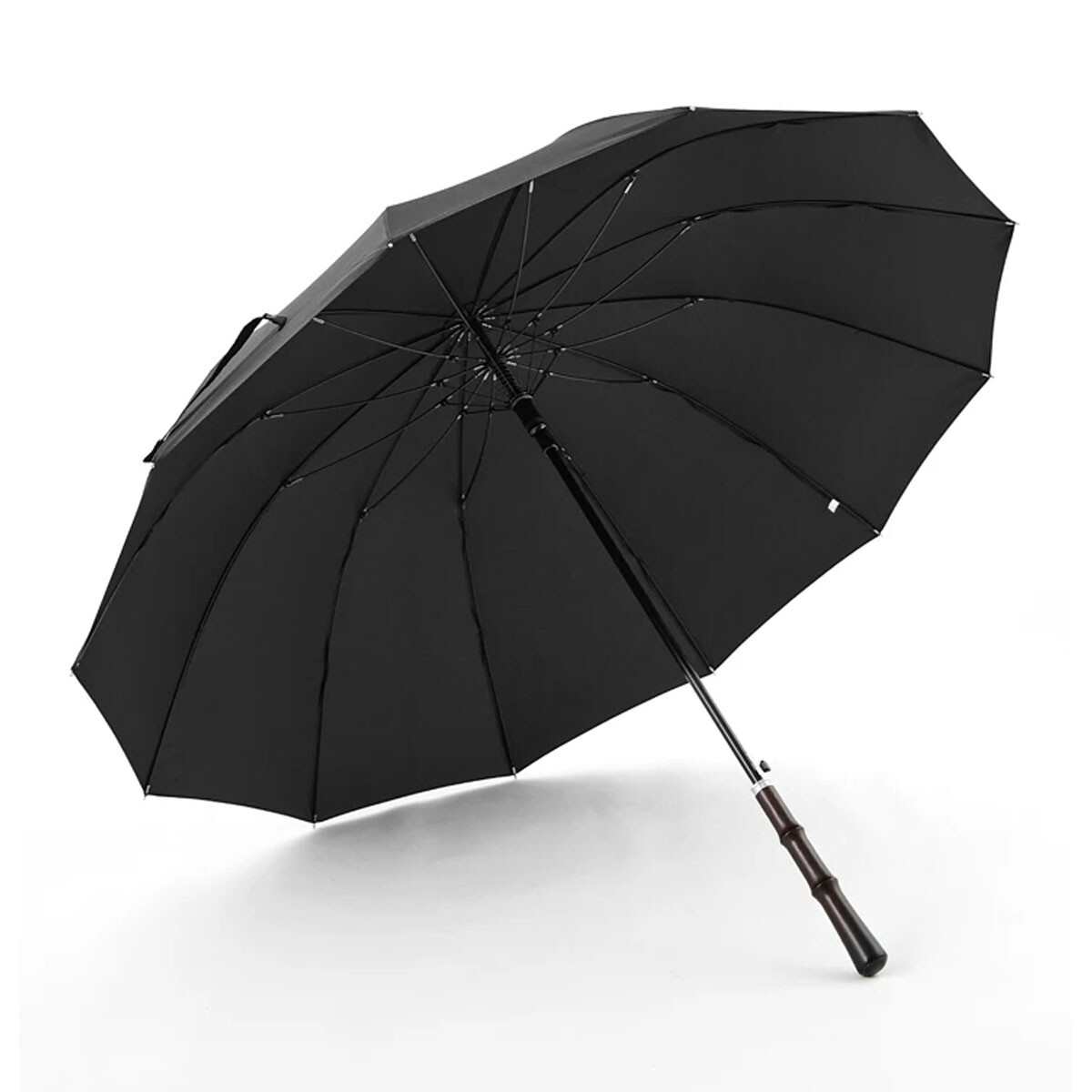 Paraguas Grande Largo Resistente Impermeable Mango Madera - Negro 