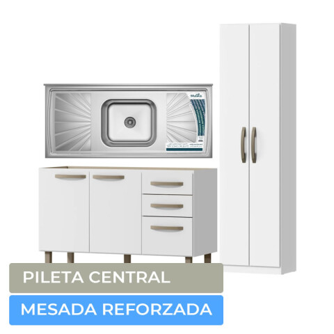 Combo de Cocina Bajo Mesada 3 Puertas 2 Cajones + Pileta Reforzada con Hormigón + Mueble Multiusos 2 Puertas - Blanco Combo de Cocina Bajo Mesada 3 Puertas 2 Cajones + Pileta Reforzada con Hormigón + Mueble Multiusos 2 Puertas - Blanco