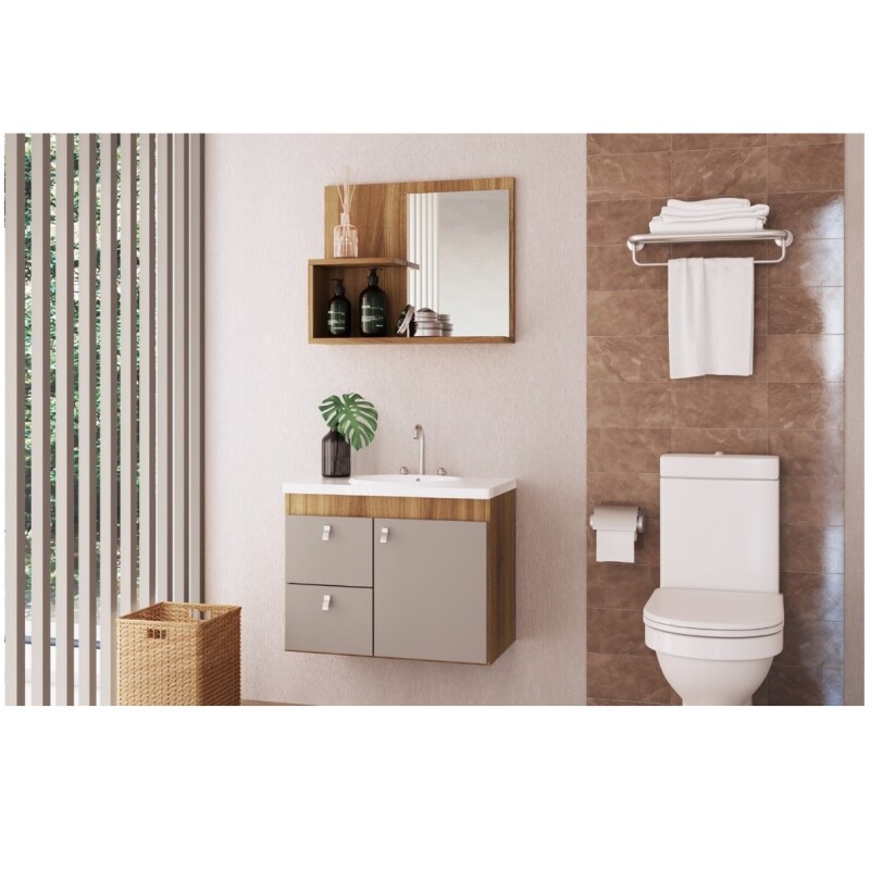 Mueble Baño Luna + Bacha + Espejo Premium 15mm NOGAL CINAMON Mueble Baño Luna + Bacha + Espejo Premium 15mm Nogal Cinamon