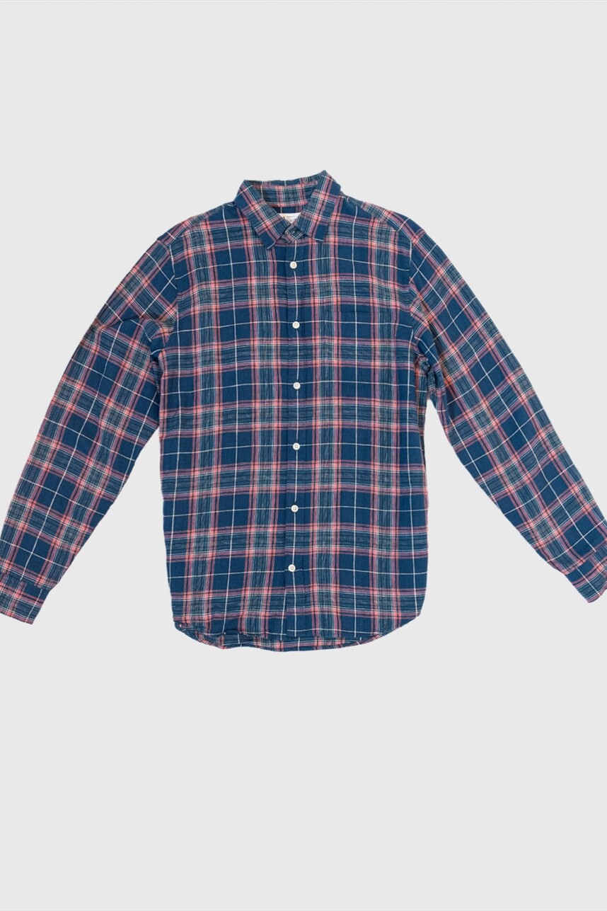 Camisa Lino Standard Hombre Blue Multi Plaid