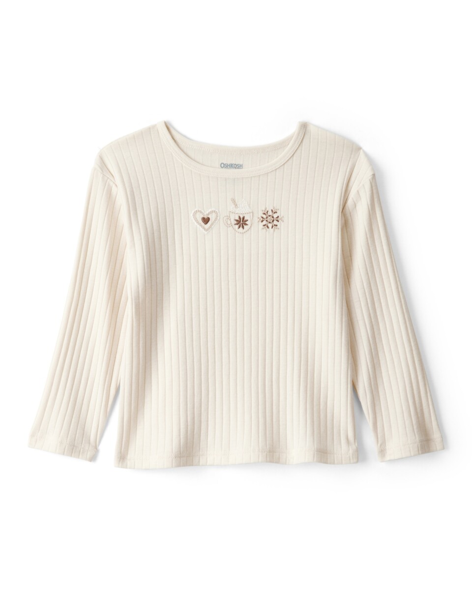 Remera de algodón acanalado, con bordados, marfil 