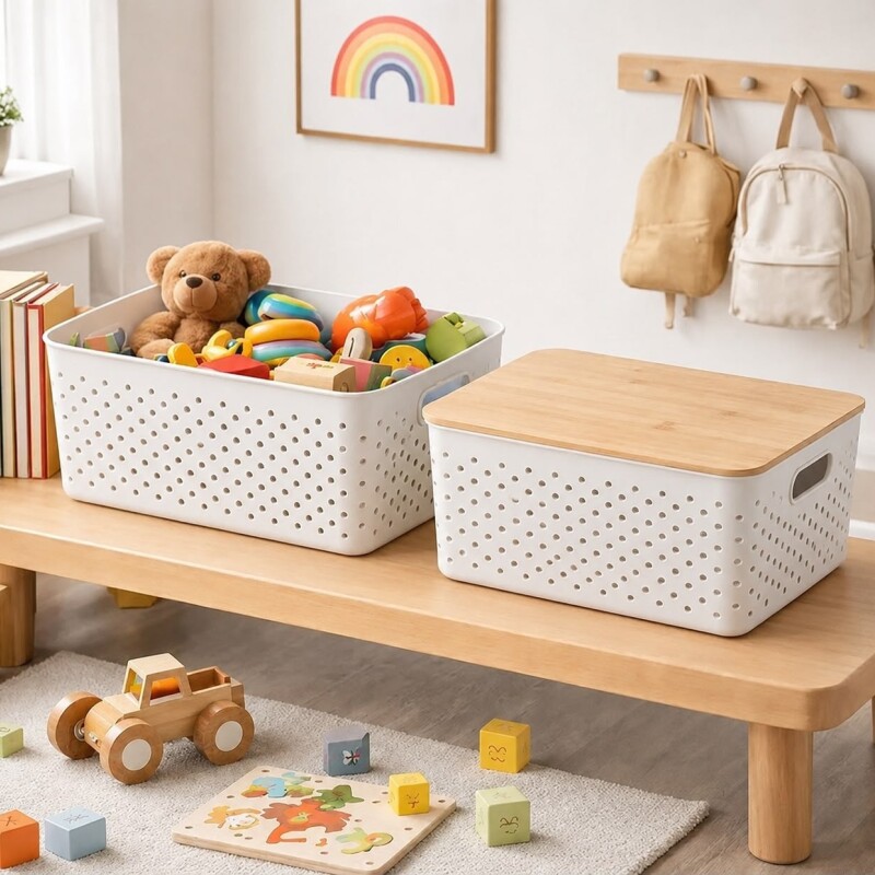 Caja organizadora acanalada con tapa de bambu 36x27x22cm - Blanco Caja Organizadora Acanalada Con Tapa De Bambu 36x27x22cm - Blanco