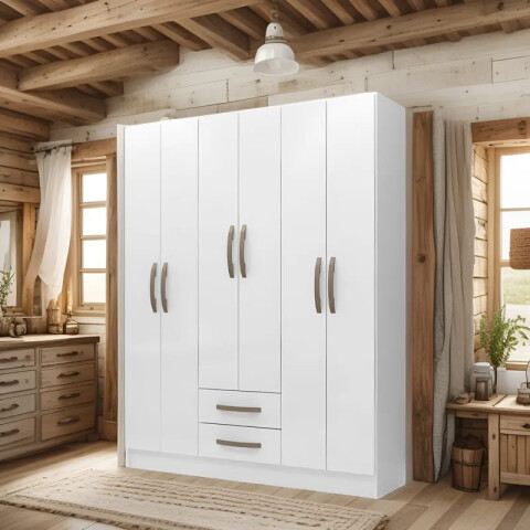 Ropero Armario 6 puertas 2 cajones con estantes y perchero interior natural 172X136X35 - Blanco Ropero Armario 6 puertas 2 cajones con estantes y perchero interior natural 172X136X35 - Blanco