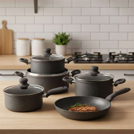 Bateria De Cocina 7 Piezas Antiadherente Granito Gris