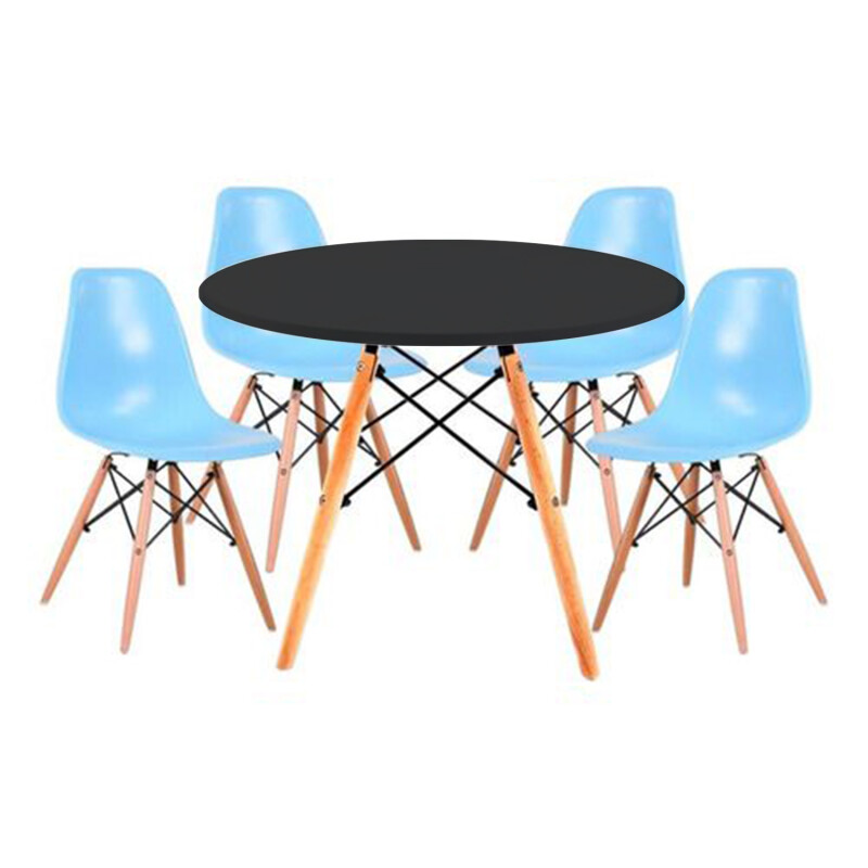 Juego de comedor Con Mesa Circular de 80cm + 4 Sillas Eames Azul/Negro
