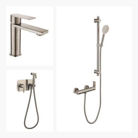 JUEGO DE GRIFERIA LAVATORIO BAJO BARRAL EXTERIOR Y DUCHA HIGIENICA SERIE SALEMI 000