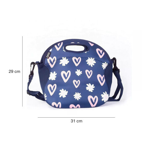 Lunchera Neopreno Brio Bolso Térmico c/Asa Correa Ajustable Azul Con Flores Y Corazones
