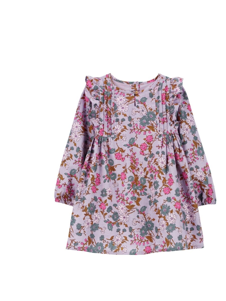 Vestido Oshkosh Manga Larga con Pliegues Floral Algodón - LILA 