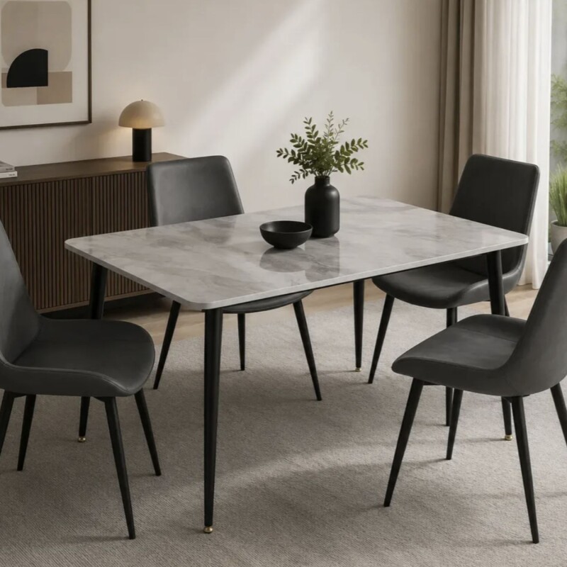 Juego de comedor mesa mármol + 4 sillas en ecocuero Blanco marmol