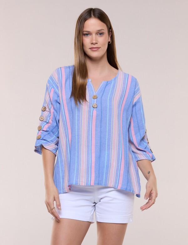 Blusa Algodón Botones MULTI/CELESTE
