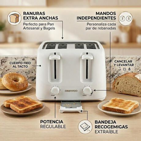 Tostadora eléctrica 4 panes Daewoo | 6 Niveles | Color blanco Tostadora eléctrica 4 panes Daewoo | 6 Niveles | Color blanco
