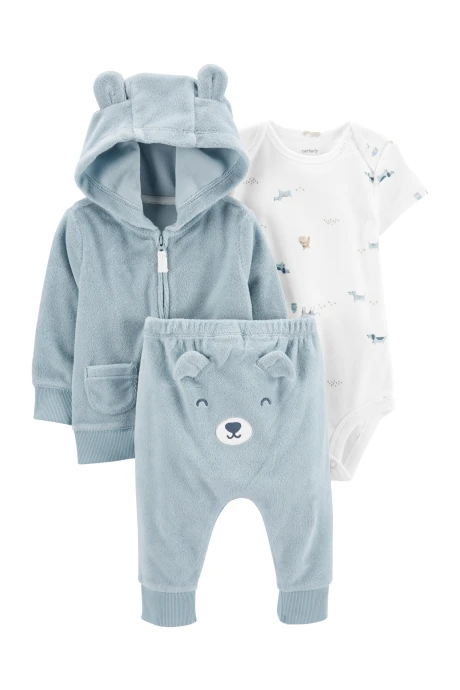 Set tres piezas campera y pantalón de terry más body, diseño perro Set tres piezas campera y pantalón de terry más body, diseño perro