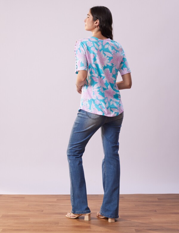 Remera Algodon Flores CELESTE/MULTI