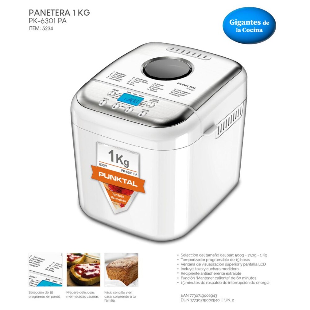 Panetera elctrica 1Kg con Pantalla LCD y 15 Programas - Punktal Panetera elctrica 1Kg con Pantalla LCD y 15 Programas - Punktal