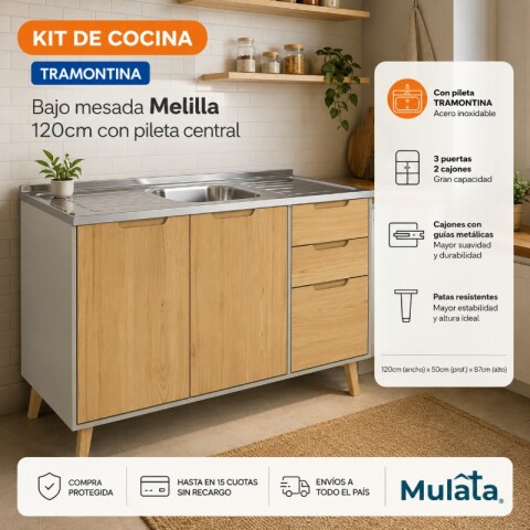 Kit de Cocina Bajo Mesada Melilla Cinza con 3 Puertas de Madera y 2 Cajones y Pileta Tramontina Central Kit de Cocina Bajo Mesada Melilla Cinza con 3 Puertas de Madera y 2 Cajones y Pileta Tramontina Central