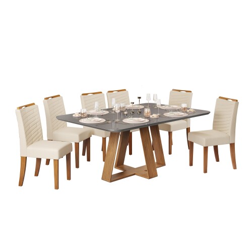 Juego de Comedor Celeste - 6 Sillas Beige - Mesa Gris Juego de Comedor Celeste - 6 Sillas Beige - Mesa Gris