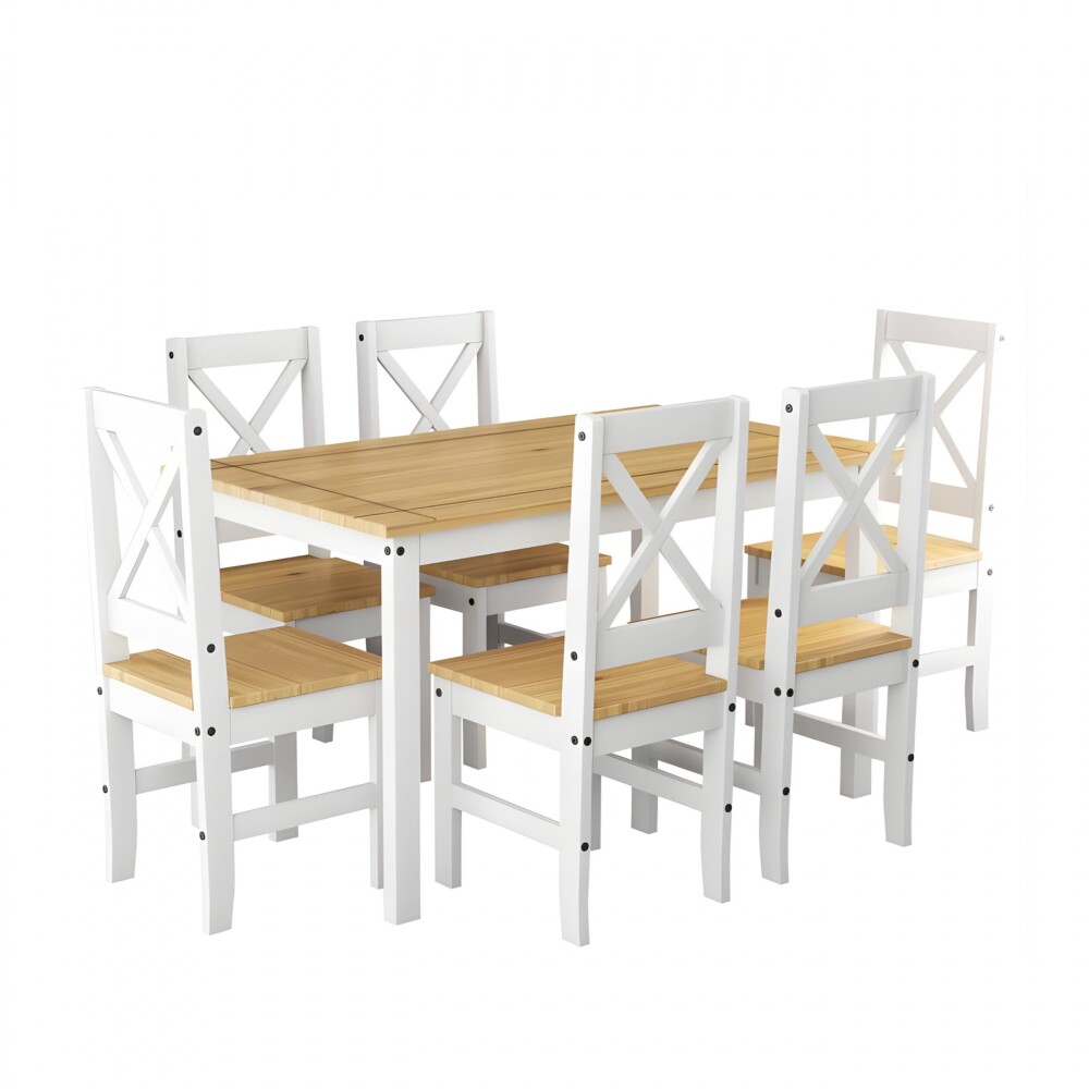 Juego de comedor 6 sillas - Madera maciza - Cruceta Blanco
