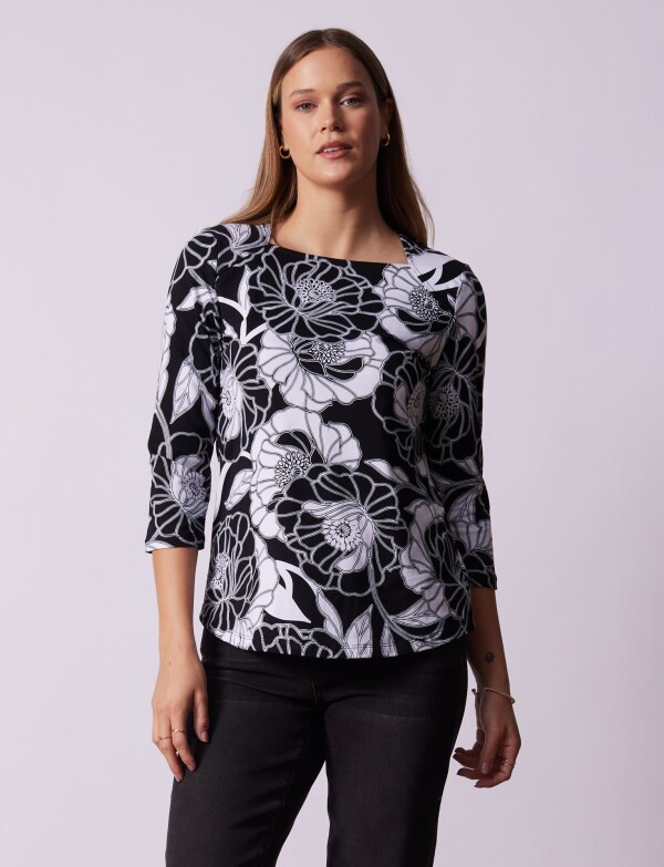 Remera Esc Cuadrado Flores NEGRO/BLANCO