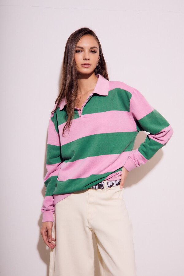 Sweater Polo Rayado Rosa