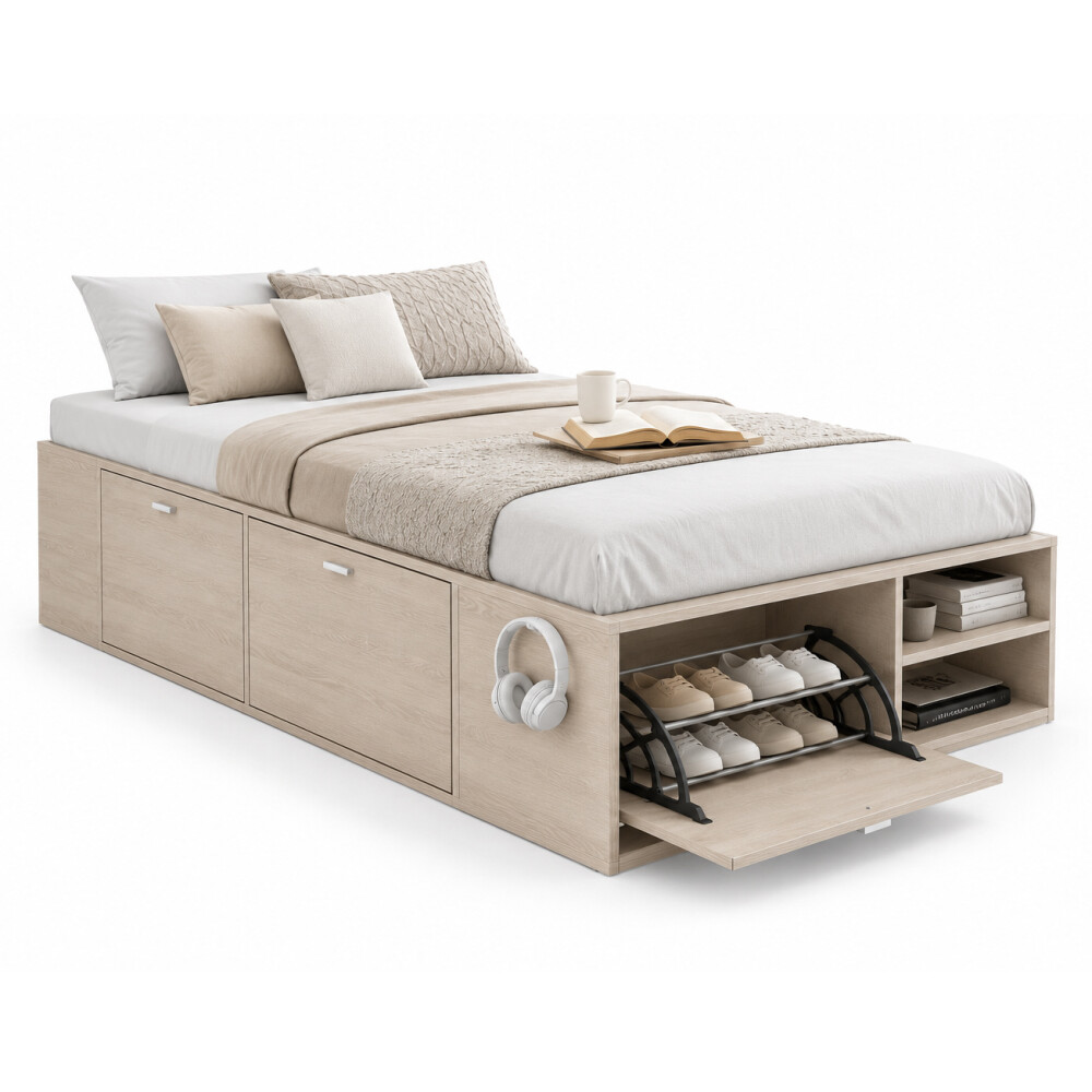 Cama 1 plaza con zapatera y cajones Beige