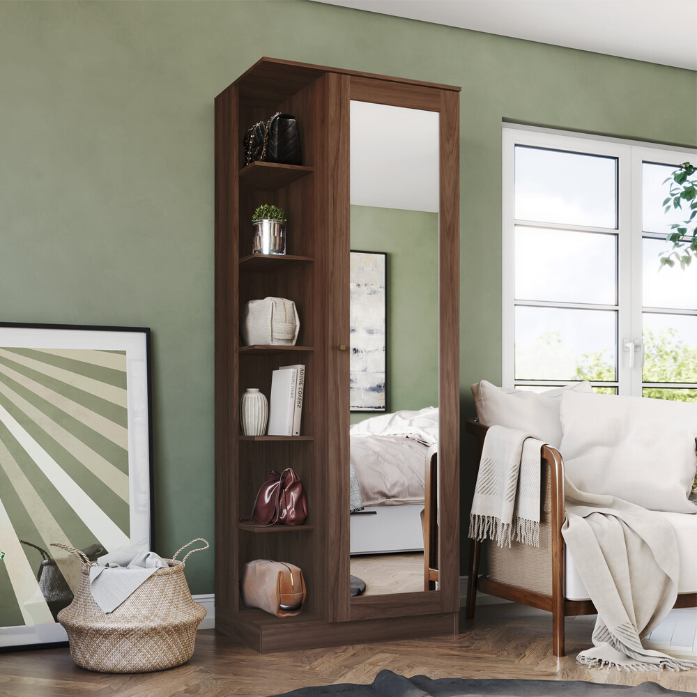 ROPERO 1 PUERTA GUARDARROPA ARMARIO PLACARD CLOSET CON ESPEJO Y ESTANTES MARRÓN OSCURO