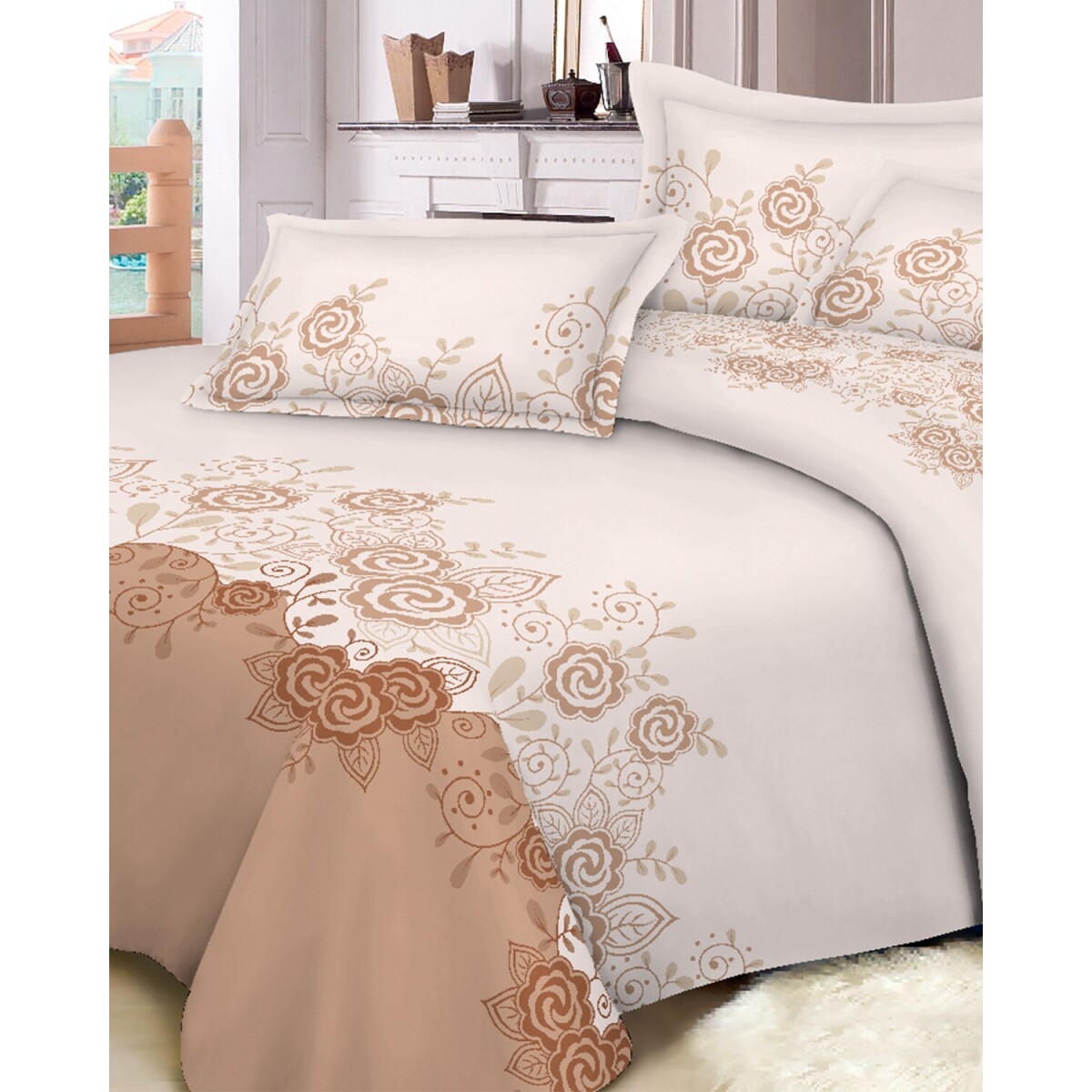 Manta Cotton Flor Glamour 2 plazas sommier con 2 porta almohadas y almohadón - 7730965301142 