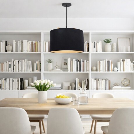 Colgante pantalla de tela negra y detalles en madera 40cm Colgante pantalla de tela negra y detalles en madera 40cm