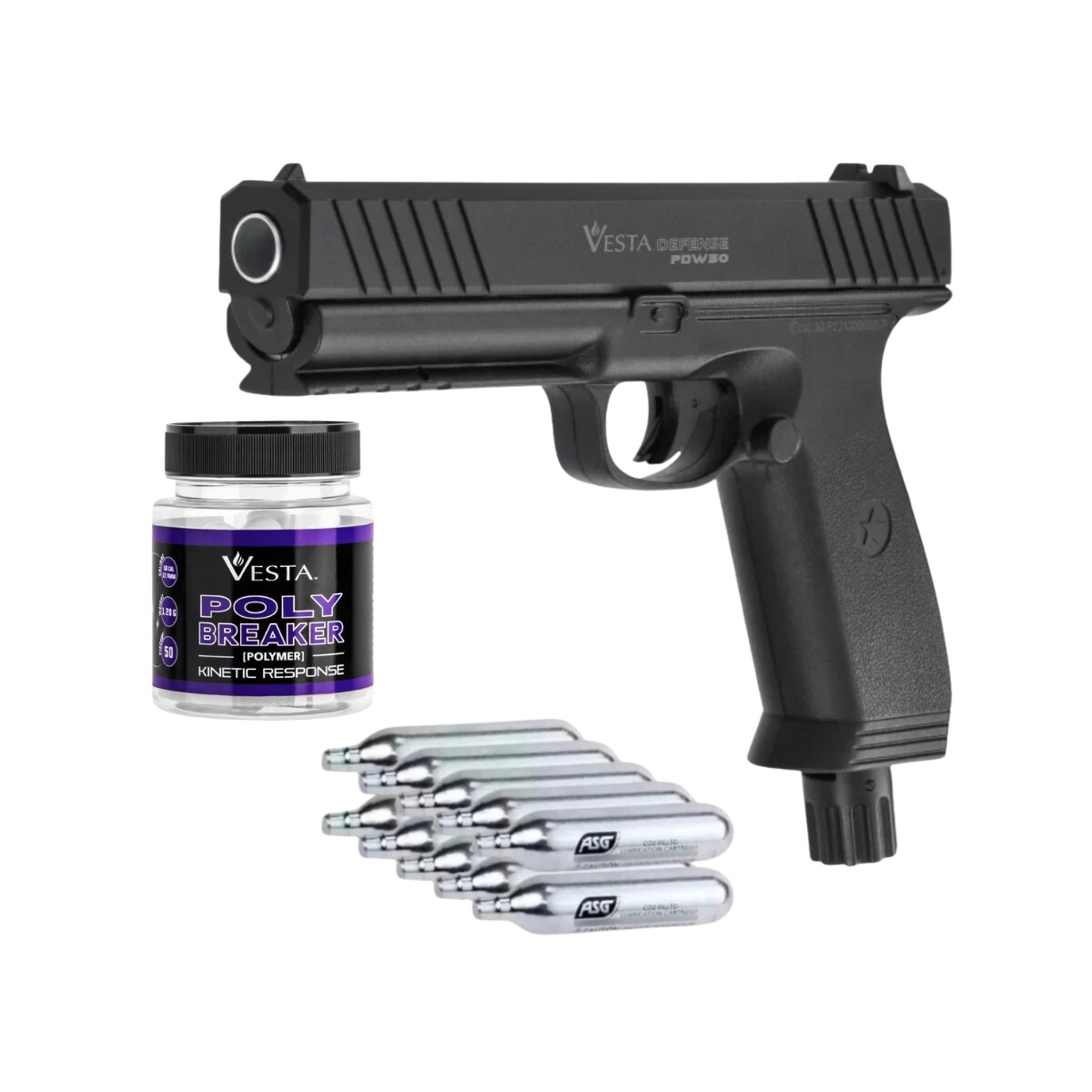 Combo Pistola traumática PDW50 + 50 balines plásticos + 10 garrafas de CO2 