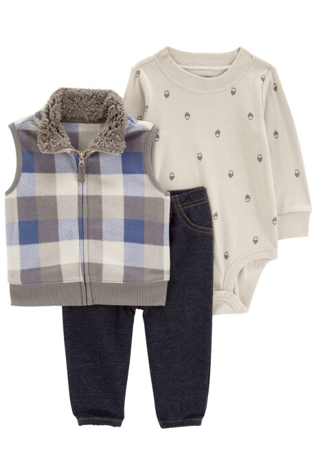 Set tres piezas, chaleco de micropolar con sherpa, pantalón jean y body de algodón Sin color