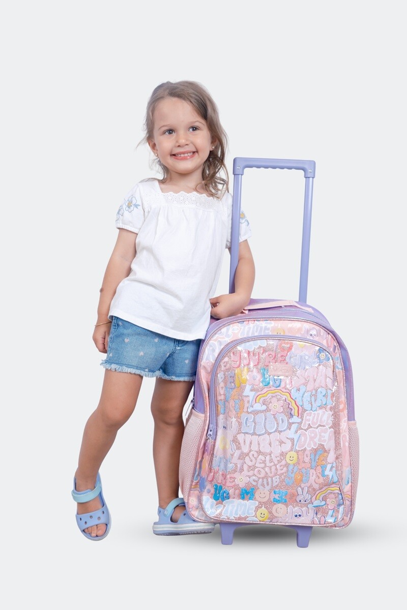 Mochila escolar con ruedas estampada Rosa