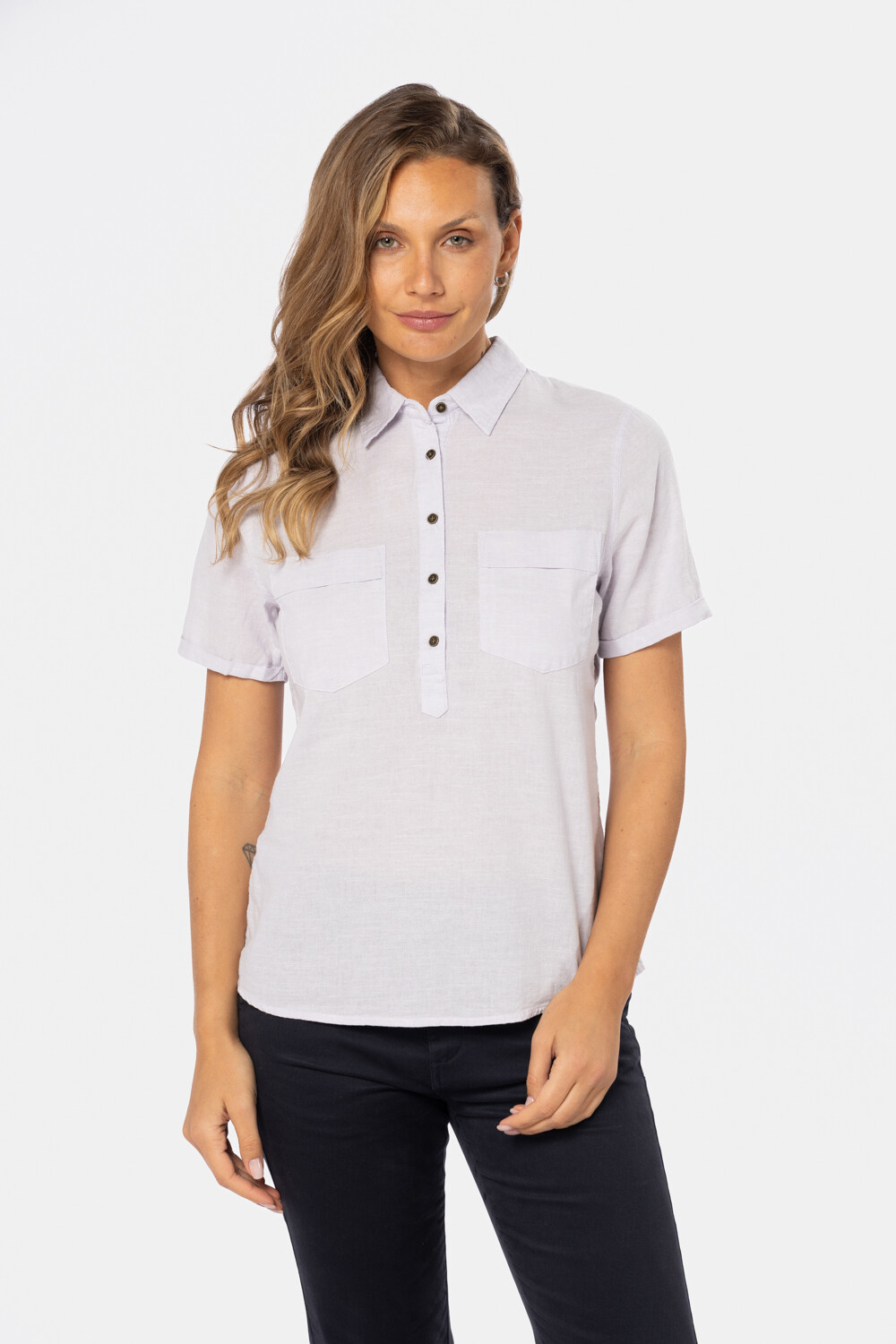 CAMISA DE LINO MEDIO BOTÓN Lila