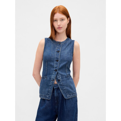 SL HIGH NECK TAILORED VEST - DK MERWIN DARK WASH